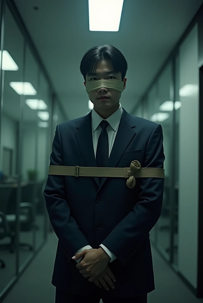 A Korean suit man tied up blindfold in office 
