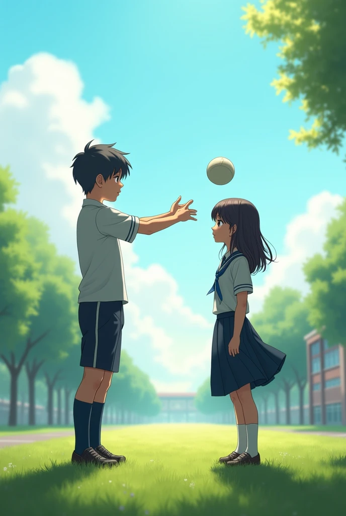 A boy was standing far away from  the girl giving catch to  girl in school ground both are in uniform but the ball hit the girl's forehead they both have same heights 
