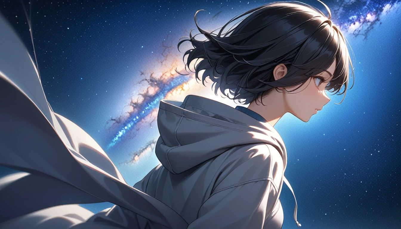 Starry Sky、milky way、A woman at the center、Black Hair、Short Hair、Hair blowing in the wind、profile、Wearing a hoodie、Back view、Upper Body、Low - Angle