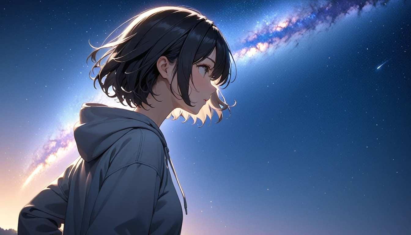 Starry Sky、milky way、A woman at the center、Black Hair、Short Hair、Hair blowing in the wind、profile、Wearing a hoodie、Back view、Upper Body、Low - Angle