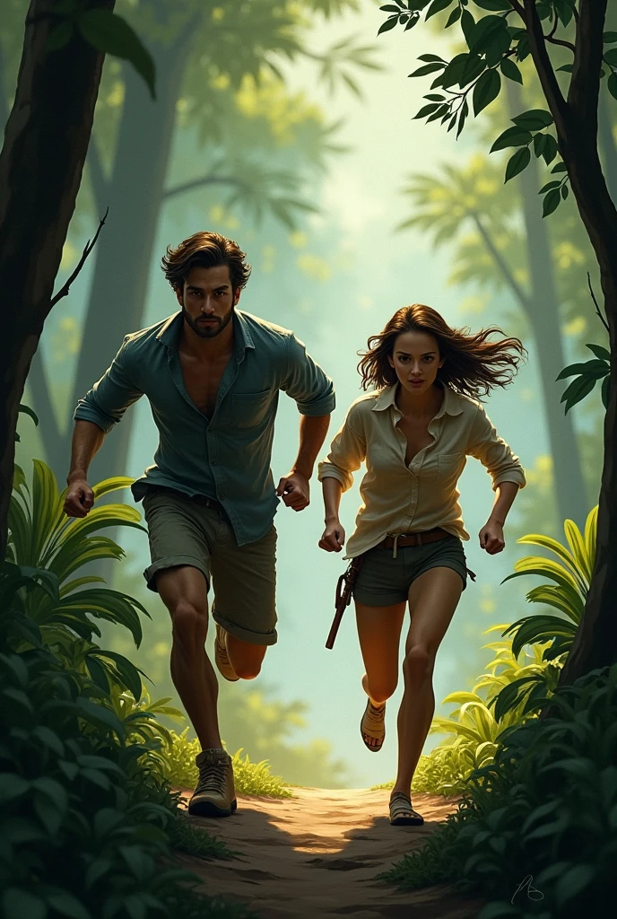 1 man and 1 woman run and find a path that leads them out of the forest., heading to the nearest village.