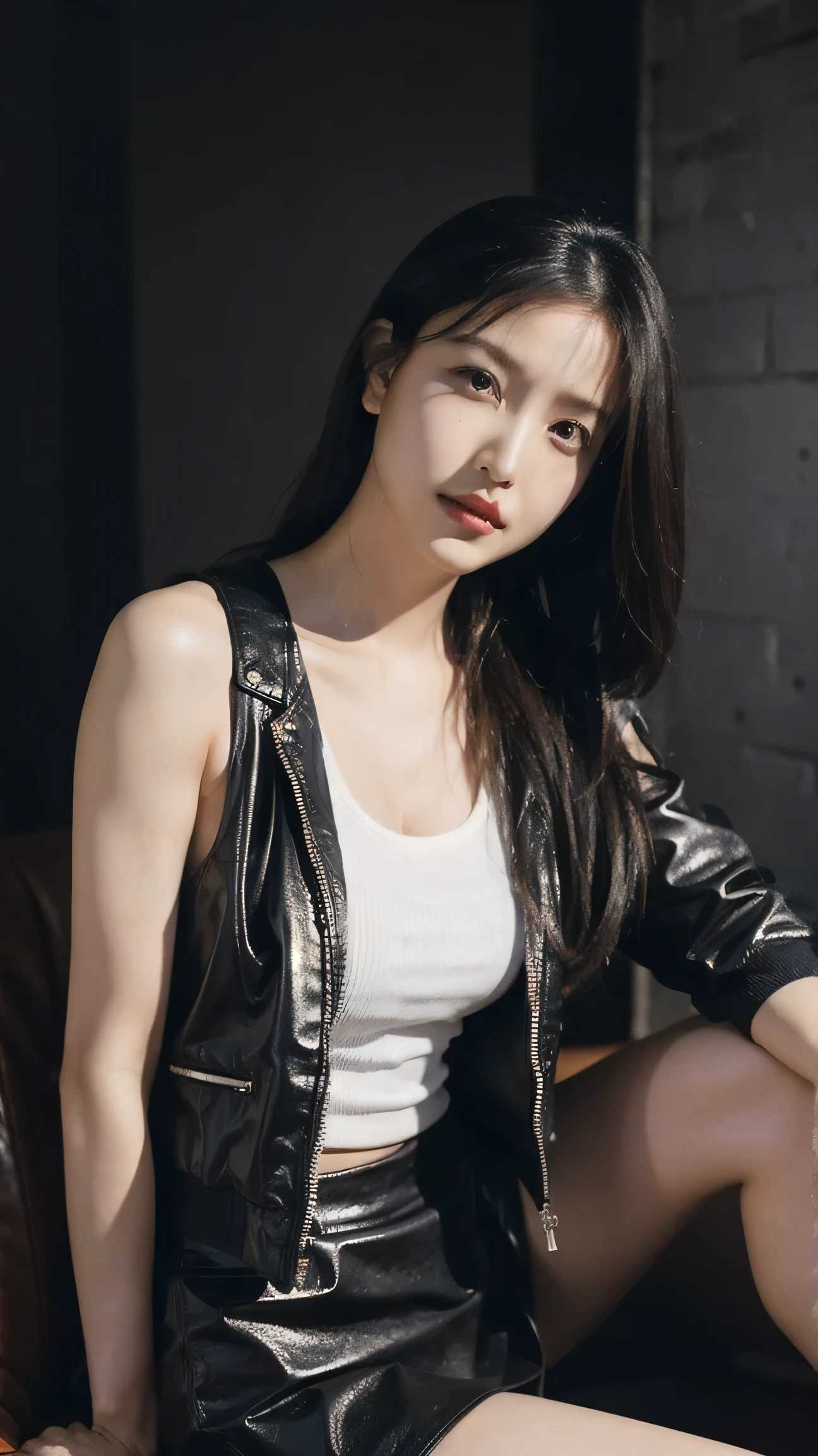 (8k、RAW Photos、top-quality、​masterpiece:1.2)、(realistic Photo-realsitic:1.37)、1girl in、japanese, 18-years old, face lights, Detailed face、Detailed lips, (wearing a black faux leather jacket over silver sports bra:1.5), (exposed right shoulder and armpit :1.5), seductive pose, opened jacket, long black hair,