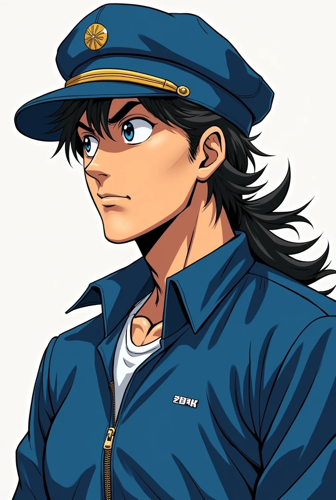An anime character wearing a blue hat and a blue jacket, jotaro kujo, Jojo anime style, jotaro, Becoming a JoJo character, JoJo's Bizarre Adventure,, Kentaro Miura's Manga Art Style, JJBA, Joe Biden as a JoJo character, striking manga artstyle,Dwayne Johnson style,((Defective Japan))
((Profile on the left))
((Showa era villains))
((Japanese student cap))
((Japanese Banchou))
((Showa era delinquents))
((Facing forward and upwards))
((naked eye))
((messy long hair))