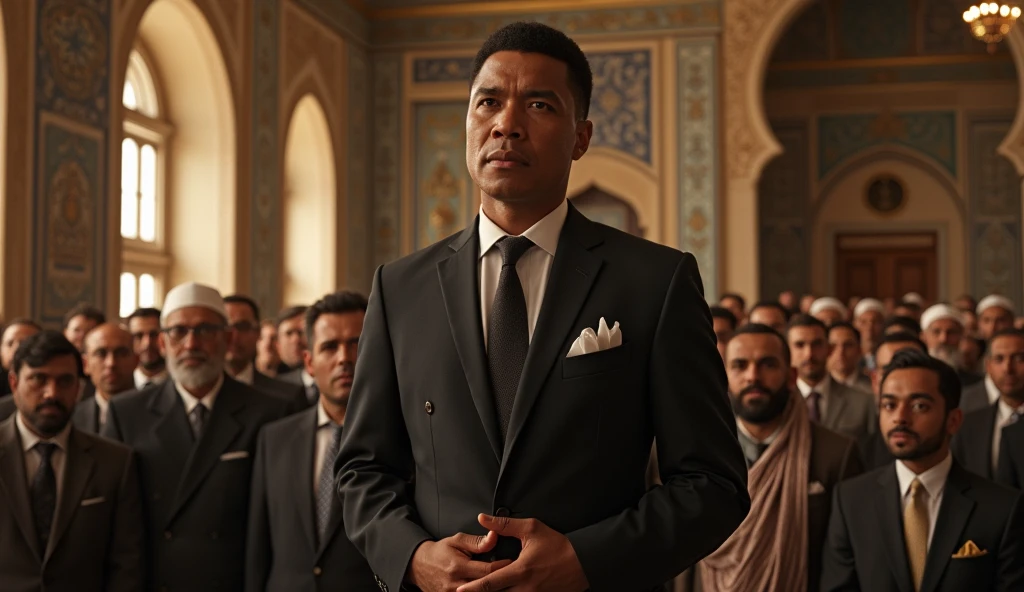 The moment when Muhammad Ali, the father, stands before a crowd in the mosque, preparing to announce his son’s name. The people around him are eagerly waiting, and Hamza is seen in the background, anxiously hoping for the name to be “Umer.”