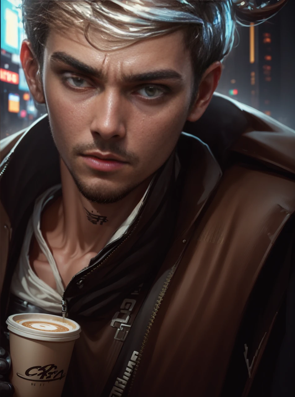 Boy with coffee cyberpunk background realistic face 8k quality ultra hd