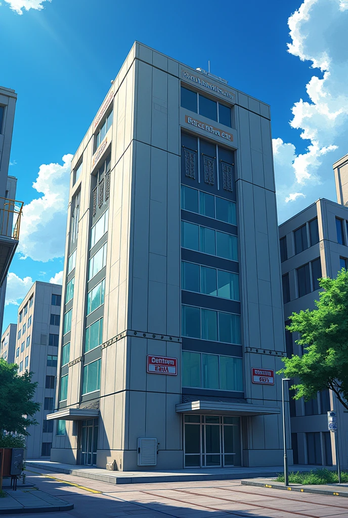 Create an image of a secret base seen from the outside, but the base is a building, in anime version. Write "Official Novel Fanbook", I want it to be a cover for a book