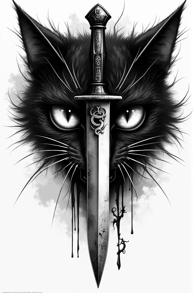 Design me a black and white tattoo inspired by the Alice Madness Returns game, mainly that it has letters, The knife and the cat's eyes