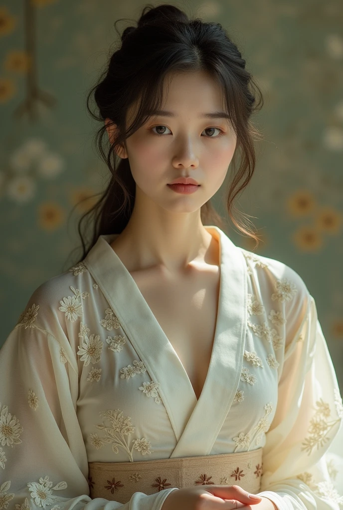 An elegantly dressed Japanese woman in natural light、A close-up of her chest and calm expression.、It shows her inner peace and outer charm.。