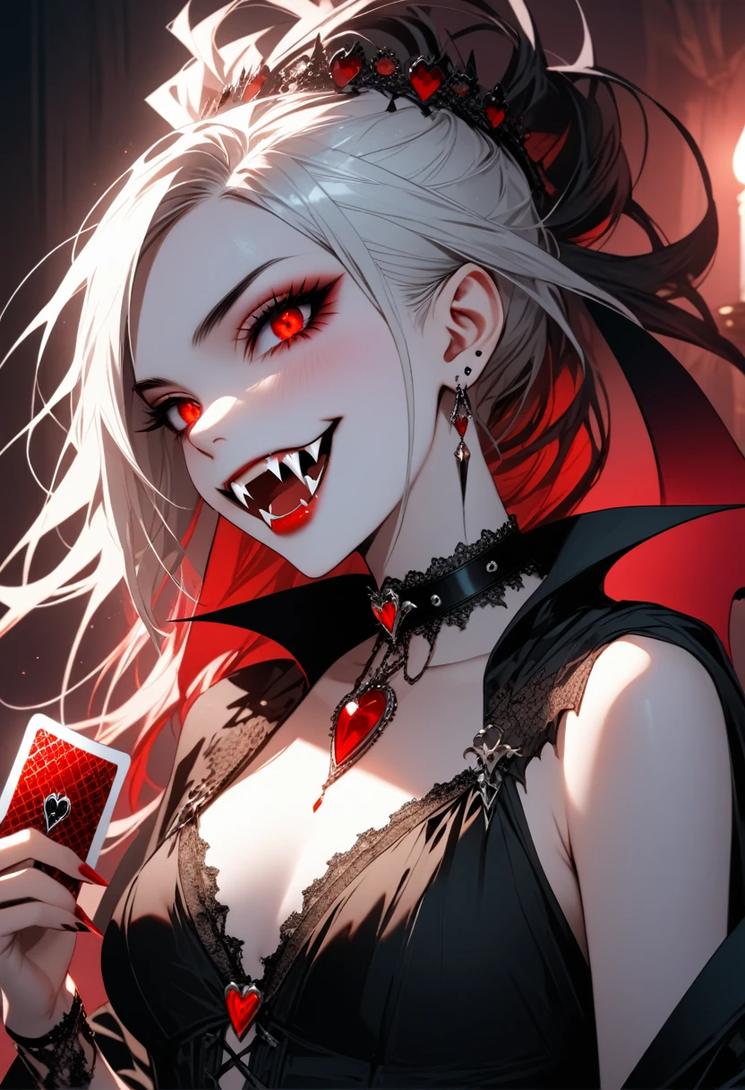 a portrait of a vampire playing poker game of cards, holding cards ((cards not shown:1.5)) blood dripping from the cards dripping blood, an exquisite beautiful vampire, goth vampire, ((dynamic hair color: 1.5)), white pale skin, some blood veins are seen on the skin, red lips, red eyes, glowing eyes, wearing goth dress, silk dress, there are diamonds on the dress, earing a choker studded with a red diamond, ((vampire fangs:1.5)), she sits near a poker table in a dark fantasy room, there is a playing table, torch light,  vibrant, Ultra-high resolution, High Contrast, (masterpiece:1.5), highest quality, Best aesthetics), best details, best quality, highres, ultra wide angle, 16k, [ultra detailed], masterpiece, best quality, (extremely detailed: 1.5), vampire fangs, NRART