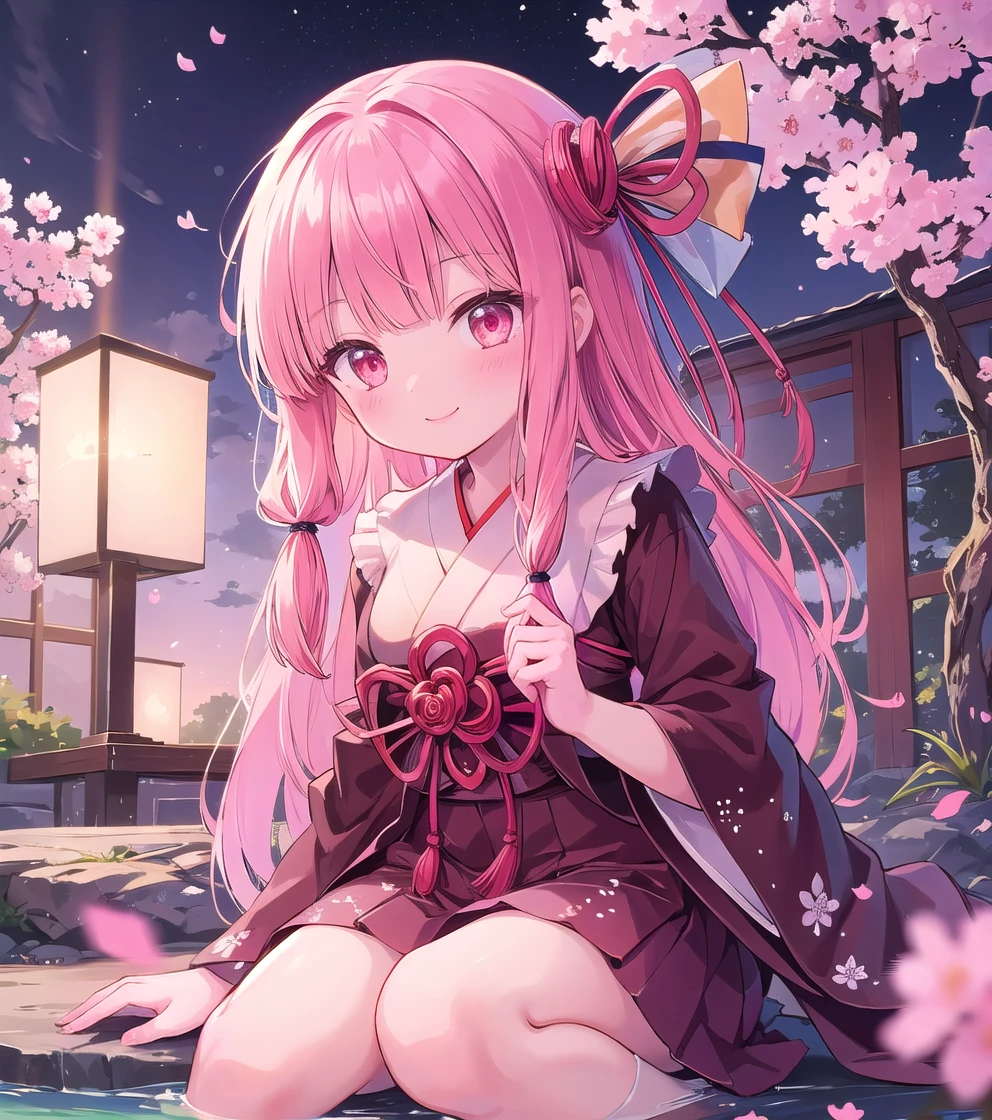 (masterpiece, Highest quality:1.2), alone, One girl, Kotonoha Akane,Japanese style,Pink kimono,((furisode:1.3)),flying petals:1.2,Cinema Lighting,Hair Ribbon,whole body,Fantasy,smile,Perfect composition