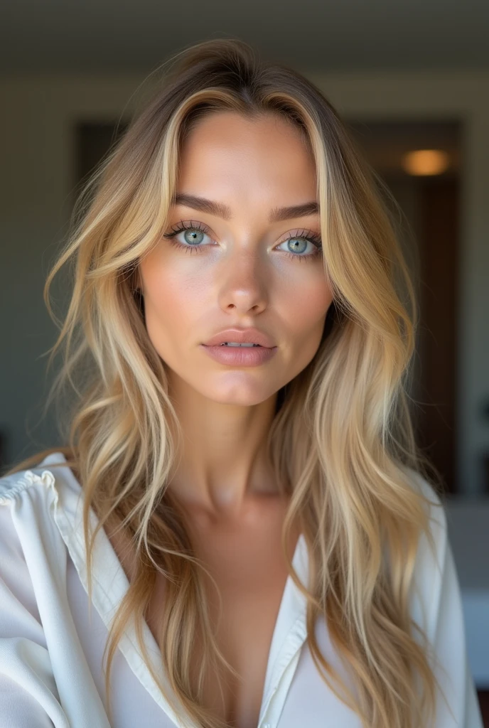 aux yeux bleus, dans une chambre d&#39;hôtel, blondes cheveux longs, Portrait Sophie Mudd, Portrait de Corinna Kopf, cheveux blonds et grands yeux, Selfie d&#39;une jeune femme, sans maquillage, maquillage naturel, Regarder directement dans la caméra, Visage avec Artgram, maquillage subtil, Superbe photo de tout le corps, dans la pièce, grand , blond au bord de la plage photo réel pour profil instagram
