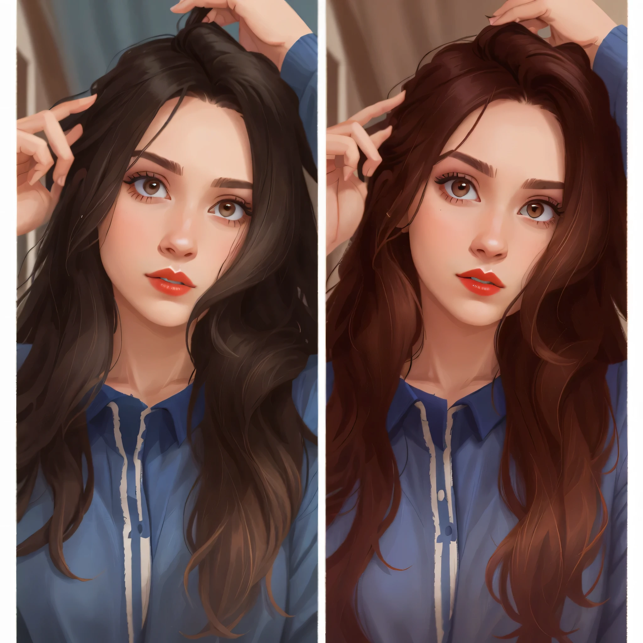 a close up of a woman with long hair and a blue shirt, with same hairstyle, with instagram filters, beauty filter, portait photo profile picture, instagram filter, photo - editing, hair coloring, professional retouch, both have red lips, face retouched, instagram filters, retouched in photoshop, photoshopped, with long hair, color correction, colored photoHD, (best detail), (best quality), Two-dimensional,