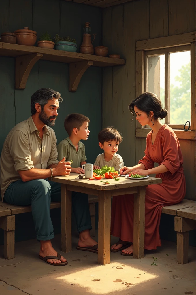 A father is sitting on a bench and looking at mom, mother is cutting vegetables. Two boys are watching at them in poor village room