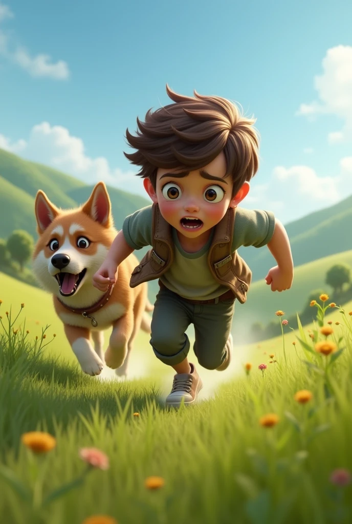 Draw a boy escaping from a dog
