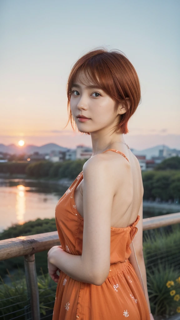 Model actress、One Woman、Singer-songwriter、cool、cute、Japanese and half European、Bright orange hair colour、short hair、Sunset landscape、summer