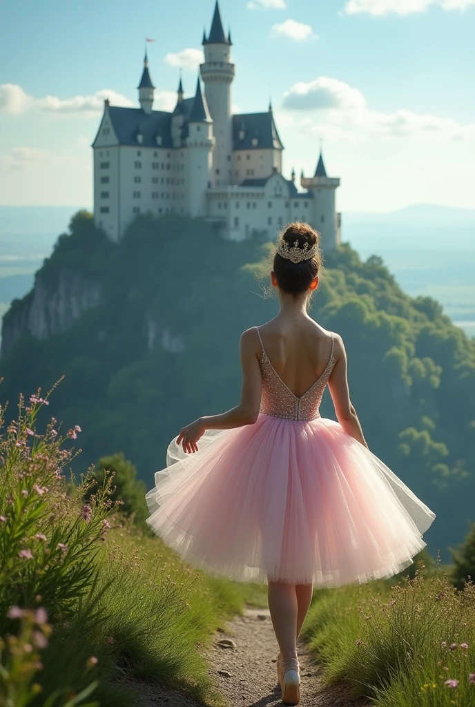 An imposing castle perched atop a lush green hill. Ao fundo, A clear blue sky with some fluffy white clouds. Sunlight illuminates the castle, . The ballerina is wearing an ethereal and shimmering costume and is wearing a bun with a beautiful crown, with tulle dresses that capture the evening light and reflect soft colors like pink, lilac and silver., they are on tiptoe 
