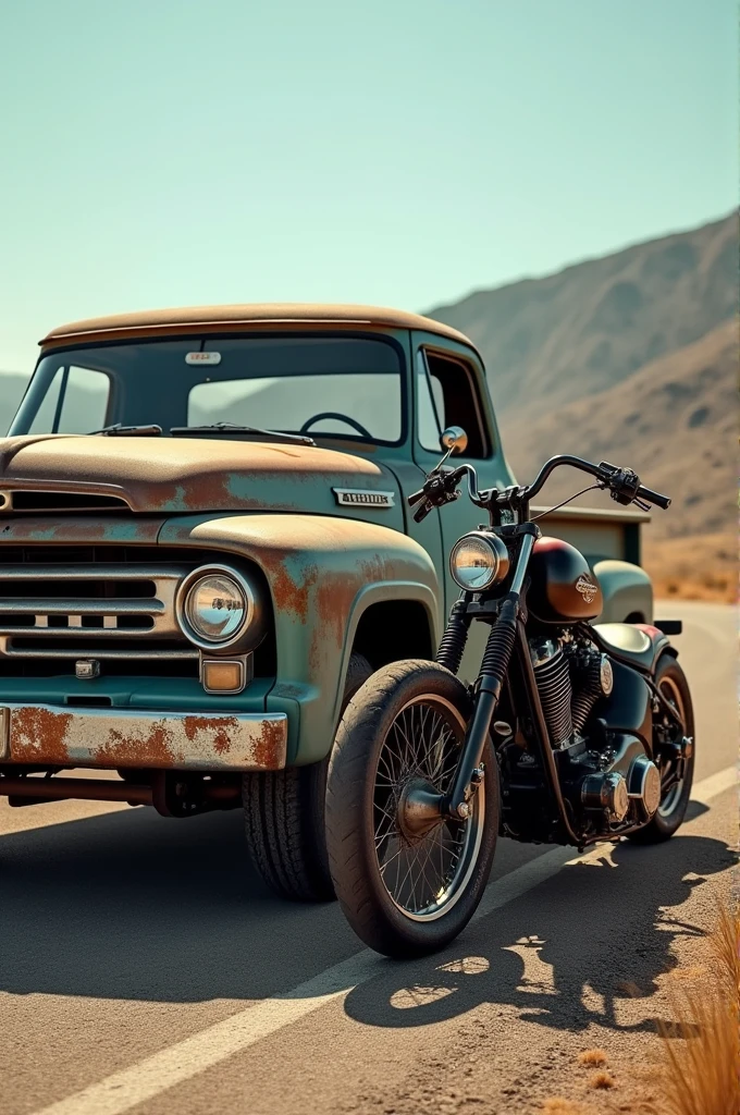 For cell phone wallpaper, an old american ford ranger along with a harley