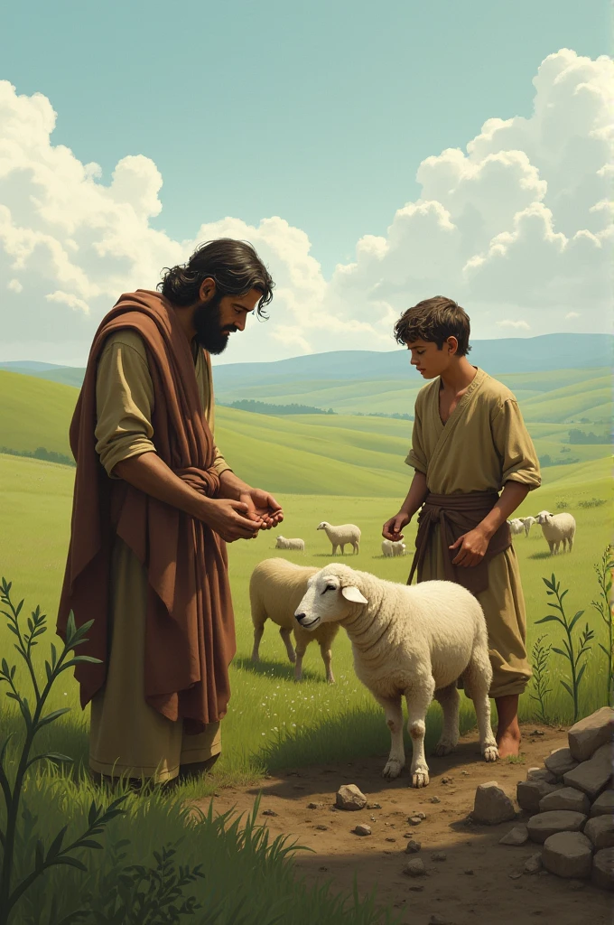 Young Cain and Abel in a pastoral field. Cain cultivates the land, Abel tends sheep. Bucolic environment, with increasing tension