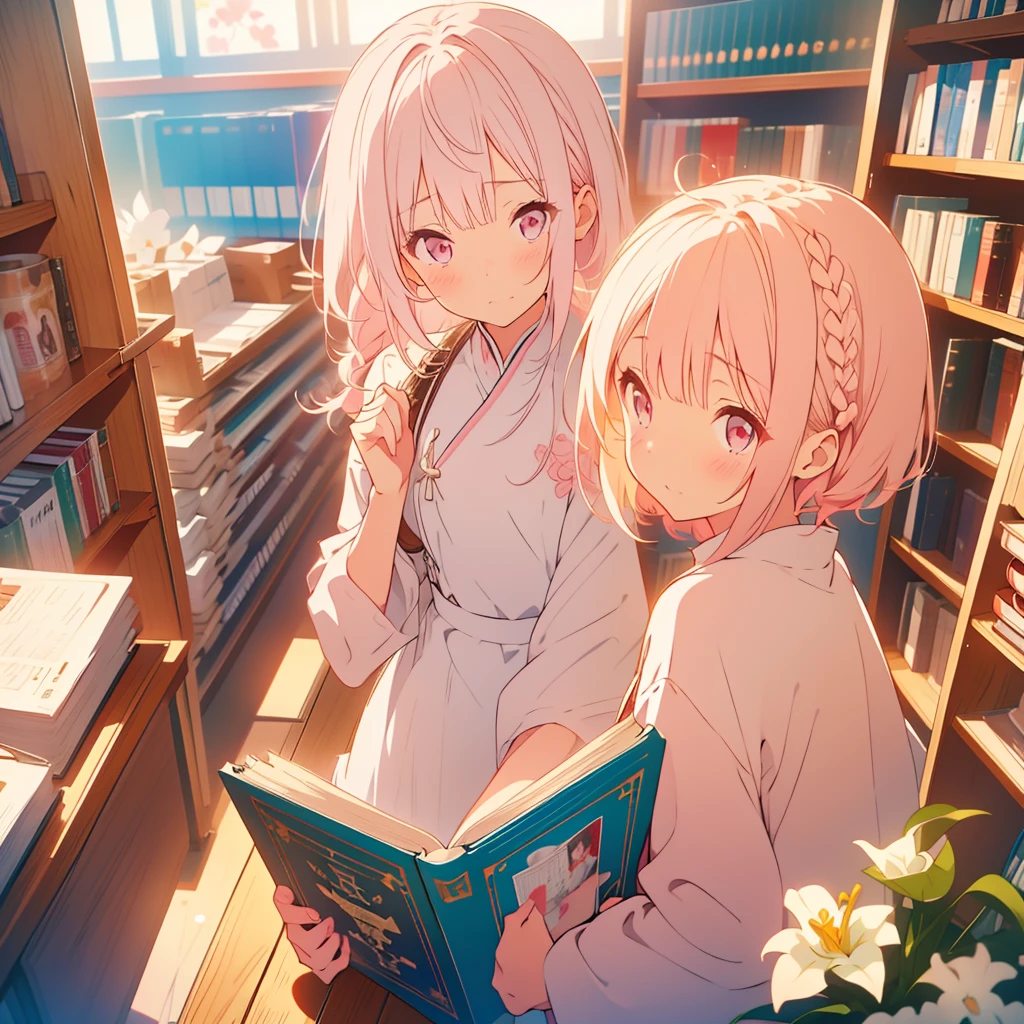 White lily、A girl with short light pink hair、Scarlet Eyes、Highlight on eyes、Crouching down to read a book、Embarrassed expression、Library、Detailed facial expressions、cute、8k、high resolution、Daytime、Bright sunlight、Blushing、Only one person