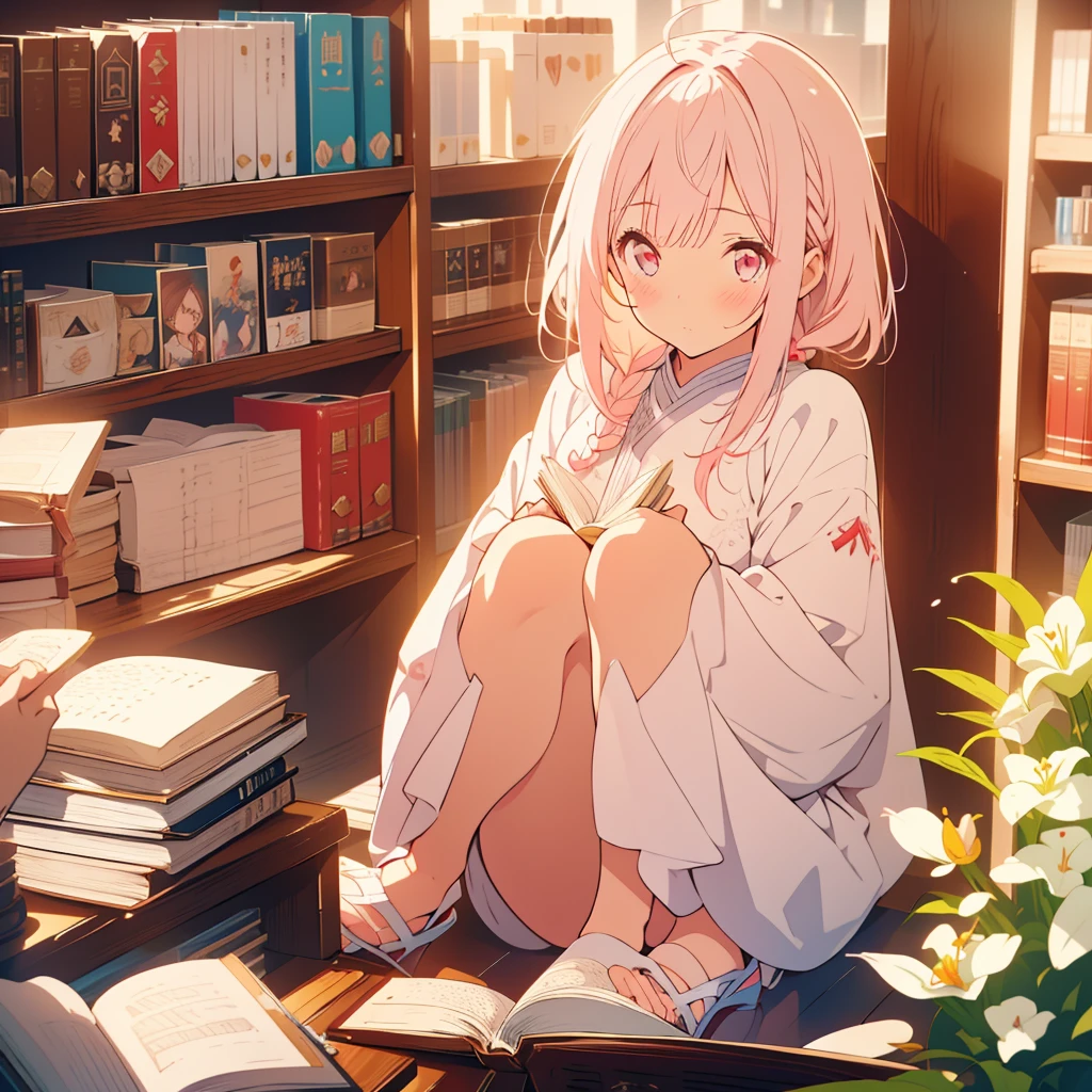 White lily、A girl with short light pink hair、Scarlet Eyes、Highlight on eyes、Crouching down to read a book、Embarrassed expression、Library、Detailed facial expressions、cute、8k、high resolution、Daytime、Bright sunlight、Blushing、Only one person
