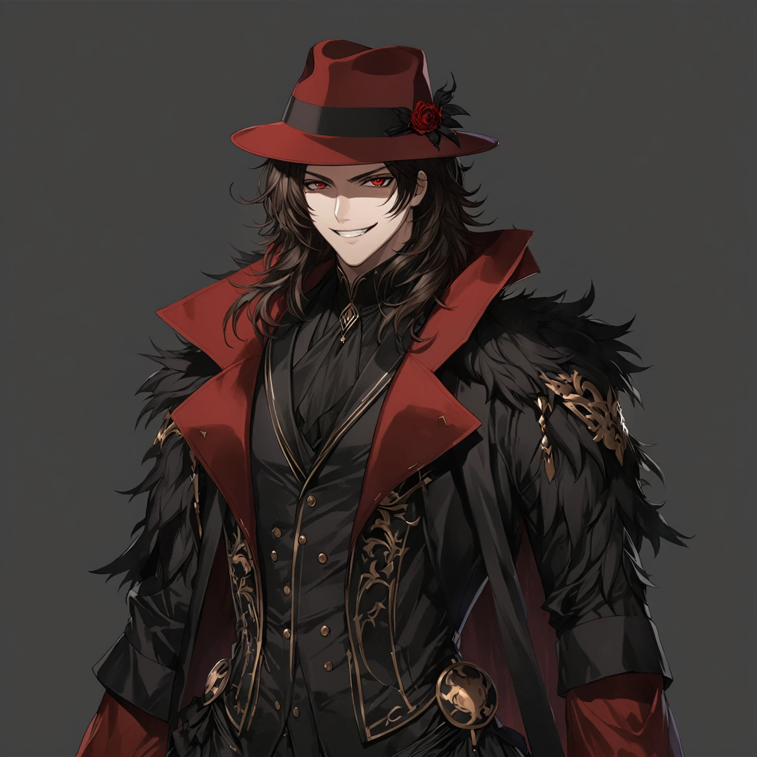 masterpiece, best quality, good quality, Highly detailed, shadowverse style, male, adult, brown eyes, brown hair, modern aesthethic, black and red main color, tidy hair, evil smile