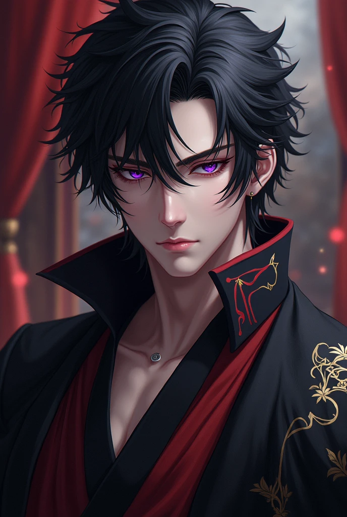 male, black hair, purple eyes, emperor, languid eyes, The alluring 30s, bust