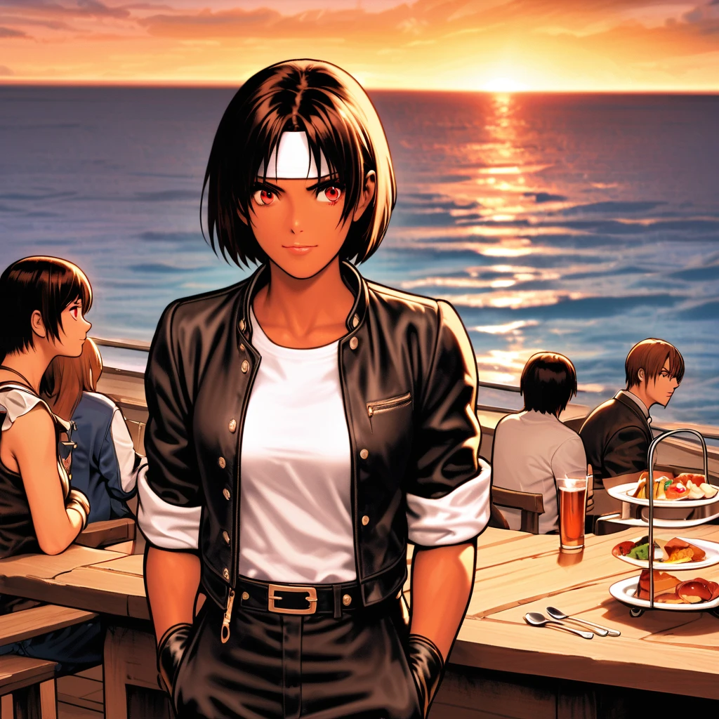 One person,woman,short hair,Dark Skin,Red eyes,(black jacket with sleeves rolled up),Fingerless gloves,White T-shirt, (White headband on forehead),Black trousers,White shoes,Tea belt,cute,Indoor Party,Charm Points,Ocean View,Slightly large chest,Outdoor,high quality,good looking,Confident and confused face,Dining with friends on the terrace,Vibrant atmosphere,Place both hands on the back of your head