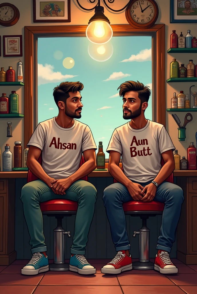 Two friends are sitting in a barber shop with their names written on their shirts, one with "Ahsan" and the other with "Aun Butt"