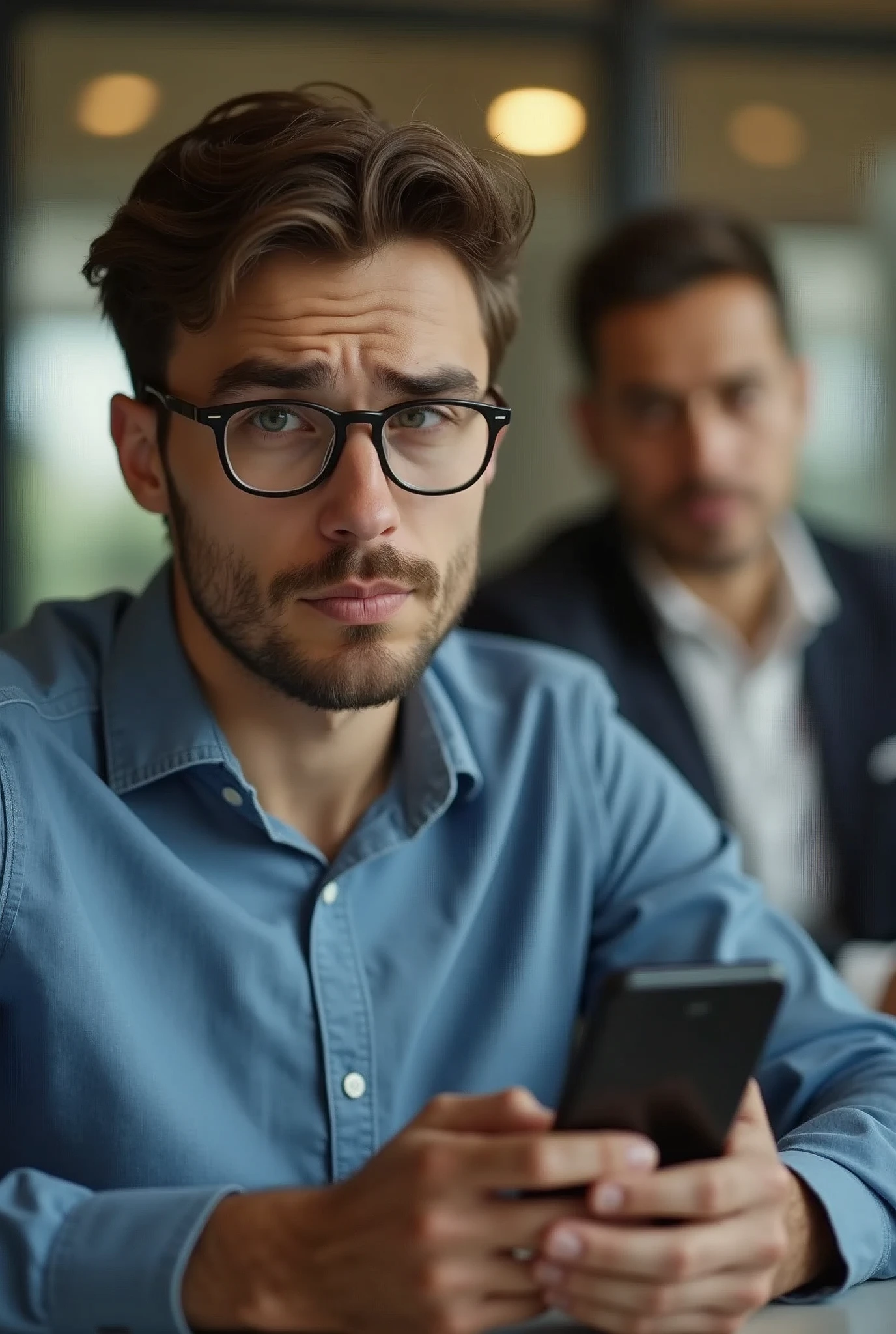 A bank employee with a bored expression looking at the phone and the customer frustrated because he doesn't pay attention to him