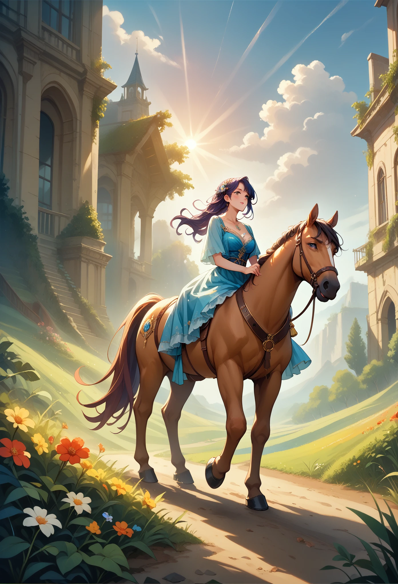 Beautiful Girl on Horseback, Very detailed and detailed, ranch all in the rays of sunset Beautiful and Masterpiece, Everything is in bright colors The girl seems to sparkle, clear detail