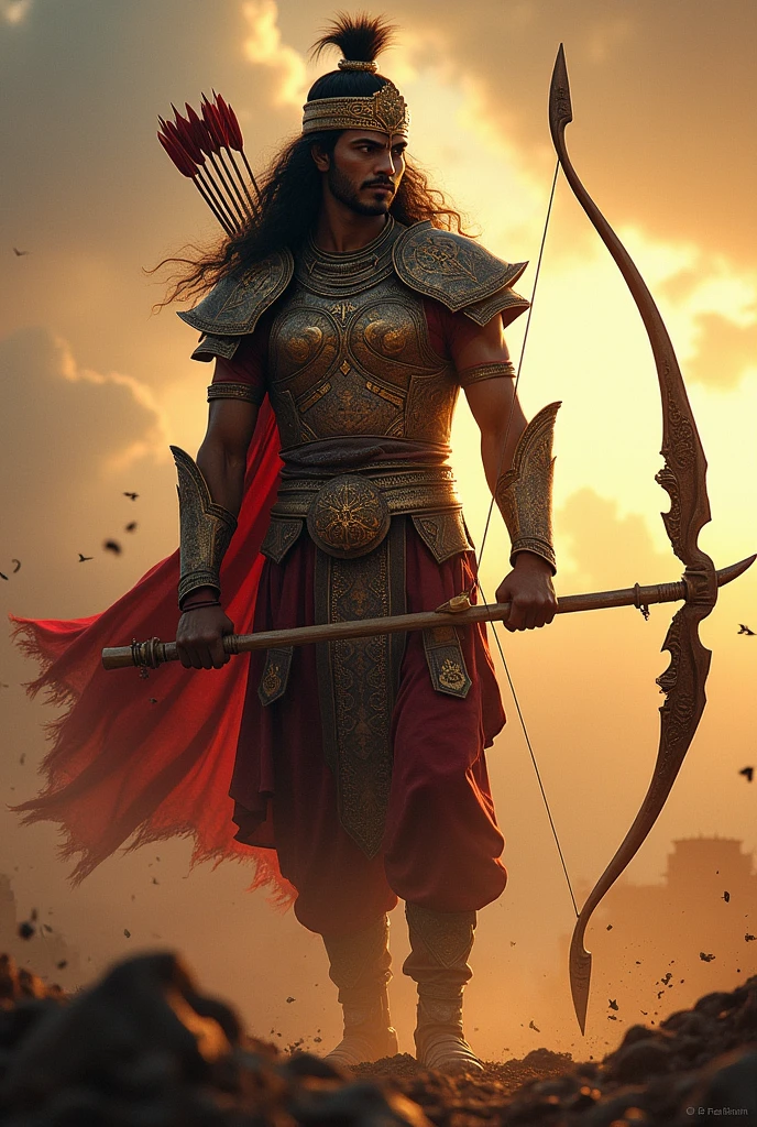 Create an image of Karna, the legendary warrior from the Mahabharata. Depict him as a powerful figure in traditional ancient Indian armor, with intricate details and a regal presence. He should be shown with a bow and arrows, exuding strength and nobility. The setting is a battlefield with a dramatic sky, reflecting the epic nature of the Mahabharata. Include subtle hints of ancient Indian architecture or landscape in the background to ground the scene in its historical context.