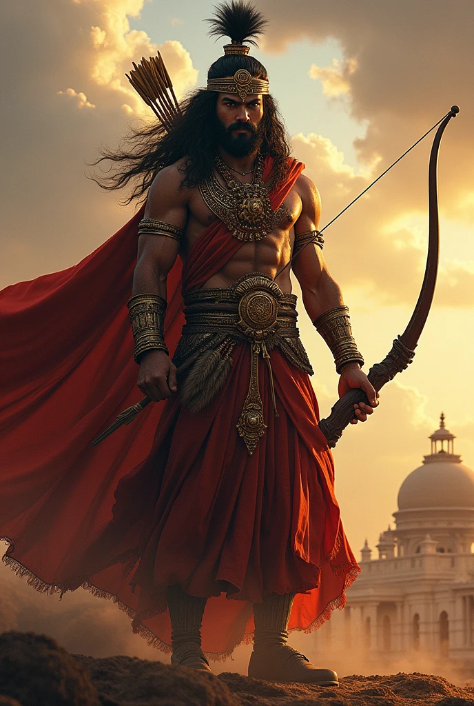 Create an image of Karna, the legendary warrior from the Mahabharata. Depict him as a powerful figure in traditional ancient Indian armor, with intricate details and a regal presence. He should be shown with a bow and arrows, exuding strength and nobility. The setting is a battlefield with a dramatic sky, reflecting the epic nature of the Mahabharata. Include subtle hints of ancient Indian architecture or landscape in the background to ground the scene in its historical context.