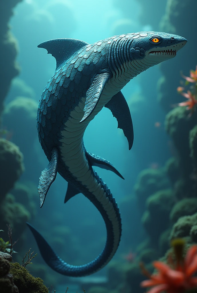 A new, fantastical creature that blends the features of both the shark and the snake. For example, it could have the sleek, streamlined body of a shark combined with the snake's sinuous movements and scales. This hybrid might also have the shark’s fin structure and the snake’s forked tongue and head shape.