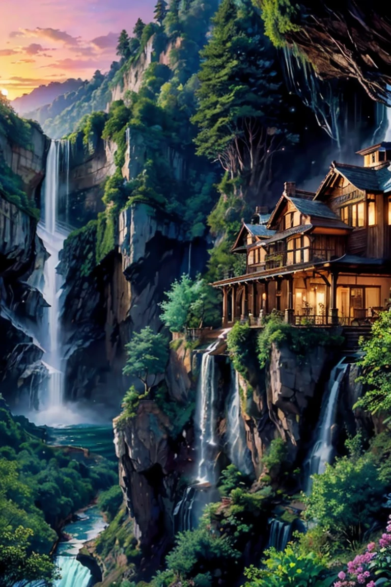 House on a cliff near a waterfall, Two-storey, Private garden, Beautiful view from the side, sunset, Giant forest near the waterfall. Put the animal