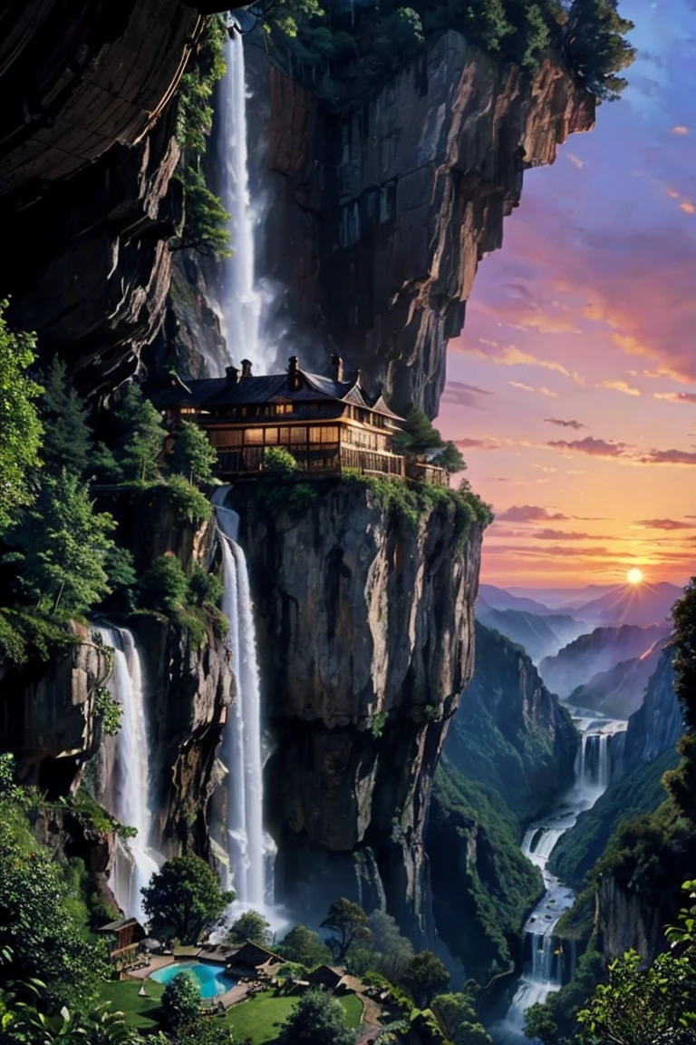 House on a cliff near a waterfall, Two-storey, Private garden, Beautiful view from the side, sunset, Giant forest near the waterfall. Put the animal