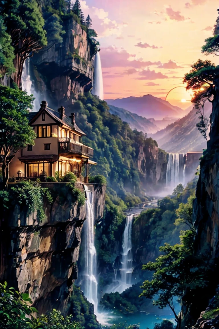 House on a cliff near a waterfall, Two-storey, Private garden, Beautiful view from the side, sunset, Giant forest near the waterfall.　Put the animal