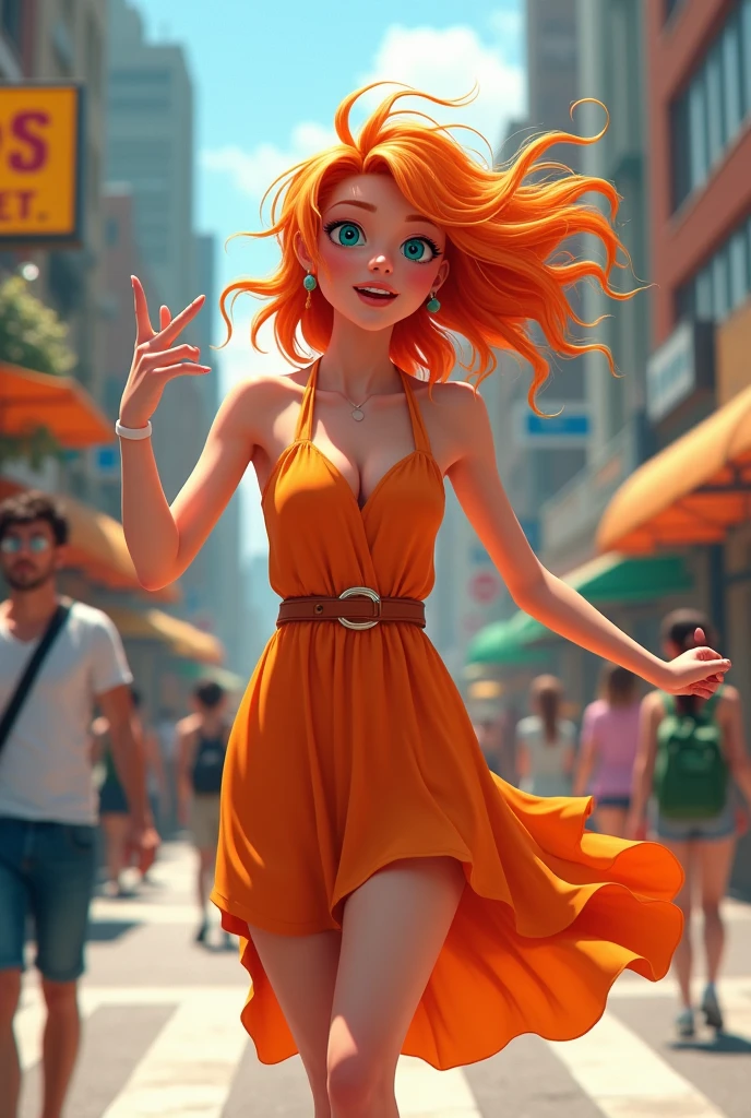 A Nami-like woman in an orange dress with hair making dirty farts in the street
