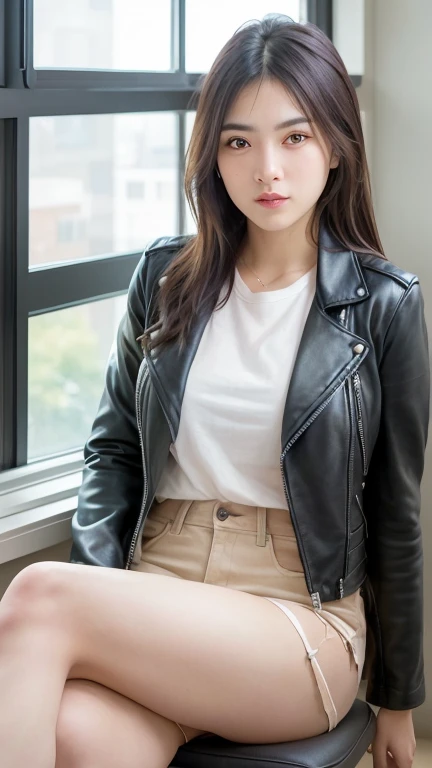 a 20 year old girl in a Realistic photo, photoRealistic, hyper-Realistic, Realistic, Smoother lighting, Enhanced Cinema Lighting, 32K, 1 girl, Realistic lighting, Backlight, Illuminate the face, Ray Tracing, Bright lighting, Improvement of quality, highest quality Realistic skin texture, Very fine grain, Highly detailed face, High quality eyes, Face close-up, T-Shirts, Enhance the mood of your body line, Improve the beauty of skin texture, leather jacket,Leather mini skirt、Crossing legs、Chair sitting