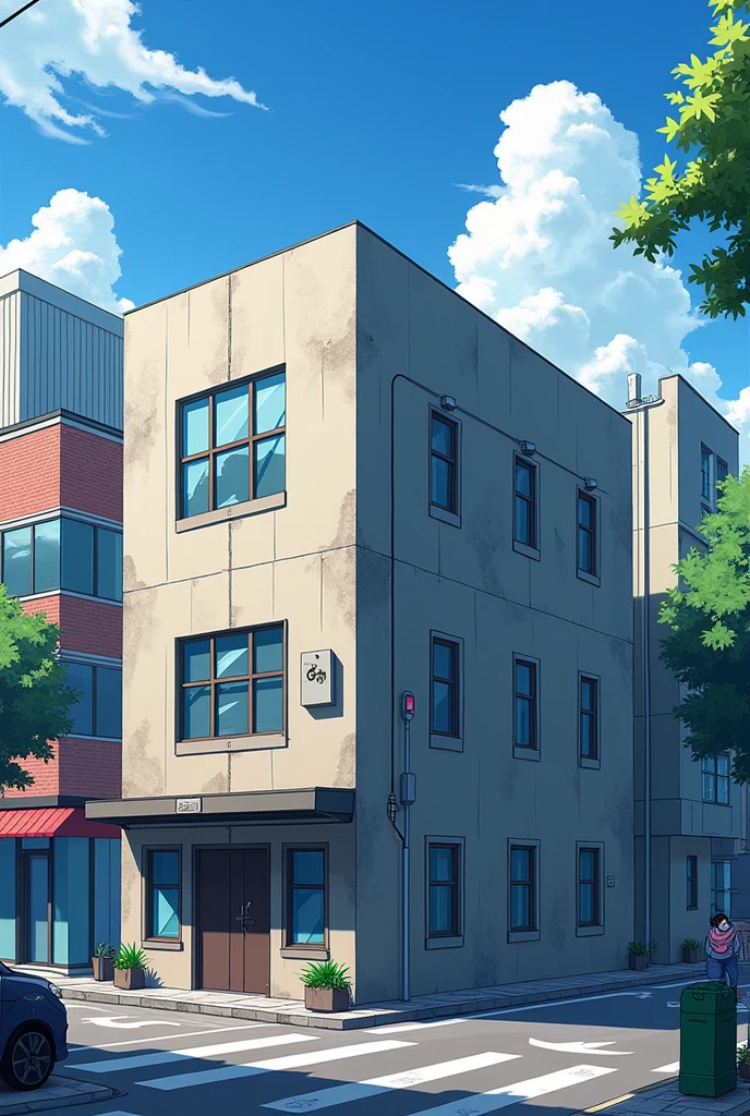 Create an image of a secret base seen from the outside, but the base is a building, in anime version. Write "Official Novel Fanbook", I want it to be a cover for a book