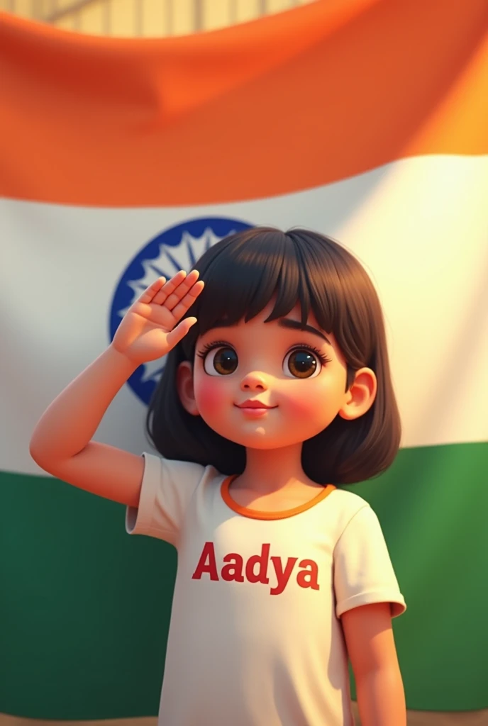 A very little cute girl saluting to indian flag who is wearing a t-shirt in which Aadya name is written