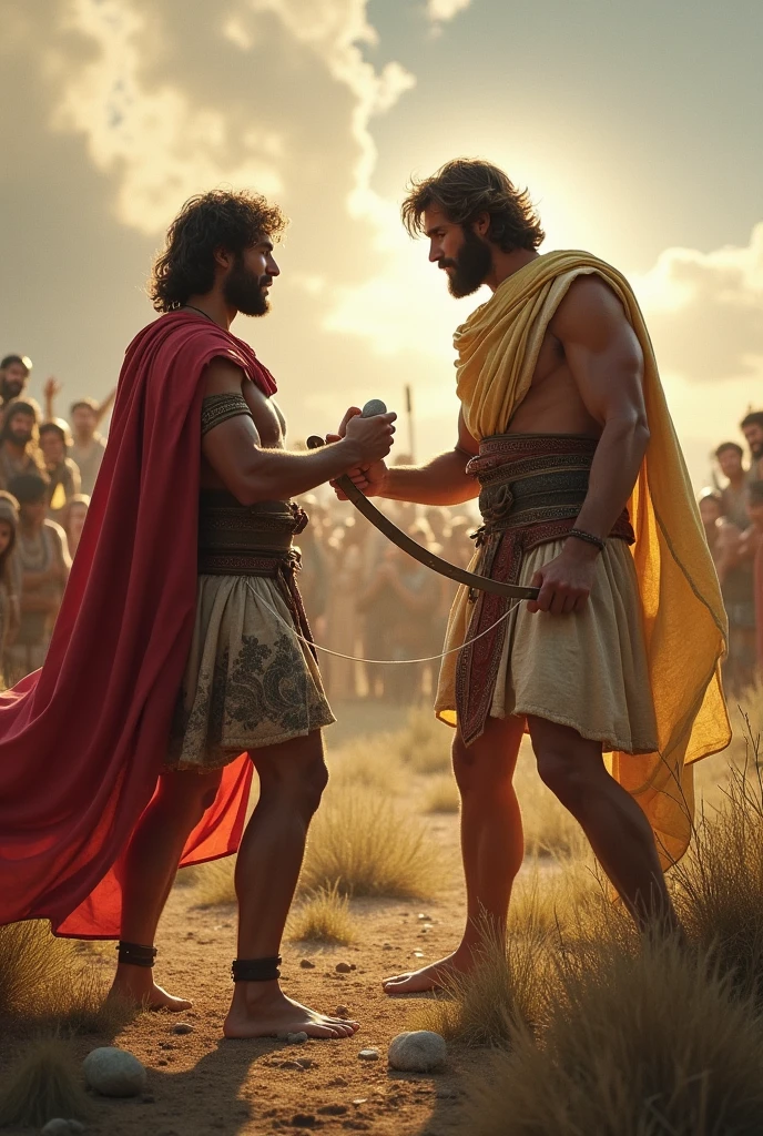  battle between David and Goliath, showing the sling and the stone