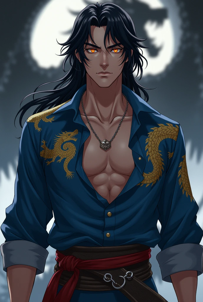, Blue Pirate Shirt Unbutton, Minor , round face, neck necklace,Hunting around his neck, serious face,  Long Sleeve, Gold Dragon Pattern Shirt , Bright Orange Eyes, Firm Face, Long hair, black Hair, Handsome Man, Pirate Belt, Sword in hand , Blurred silhouette of a dragon in the shadows, , atmosphere , Anime manga style.  