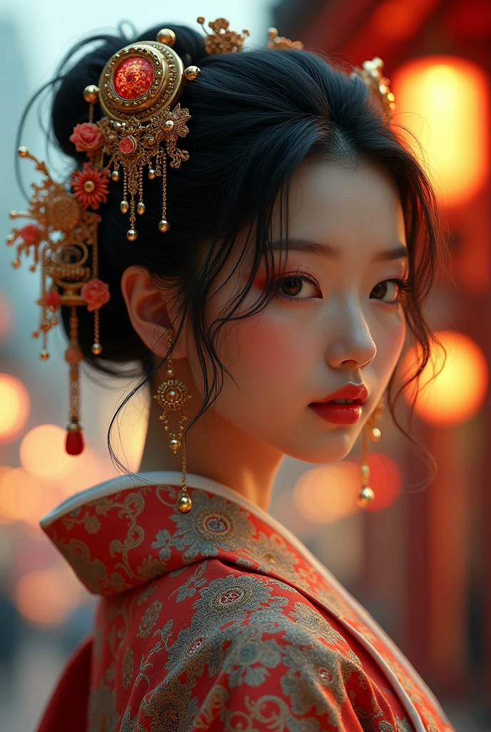 (best quality,4k,8k,highres,masterpiece:1.2),ultra-detailed,(realistic,photorealistic,photo-realistic:1.37),1girl,detailed oriental background,eastern urban landscape,steampunk,miko,delicate facial features,beautiful detailed eyes,beautiful detailed lips,extremely detailed eyes and face,long eyelashes,elegant kimono,ornate headpiece,futuristic technology,intricate machinery,glowing cyberpunk elements,warm color palette,dramatic lighting,cinematic composition