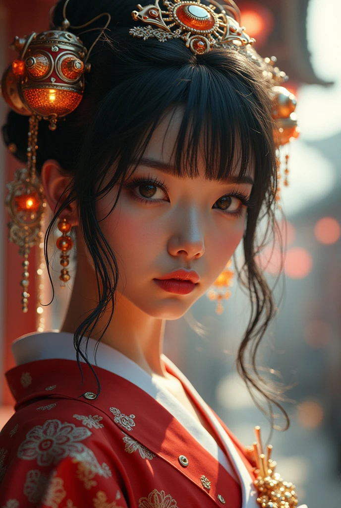 (best quality,4k,8k,highres,masterpiece:1.2),ultra-detailed,(realistic,photorealistic,photo-realistic:1.37),1girl,detailed oriental background,eastern urban landscape,steampunk,miko,delicate facial features,beautiful detailed eyes,beautiful detailed lips,extremely detailed eyes and face,long eyelashes,elegant kimono,ornate headpiece,futuristic technology,intricate machinery,glowing cyberpunk elements,warm color palette,dramatic lighting,cinematic composition