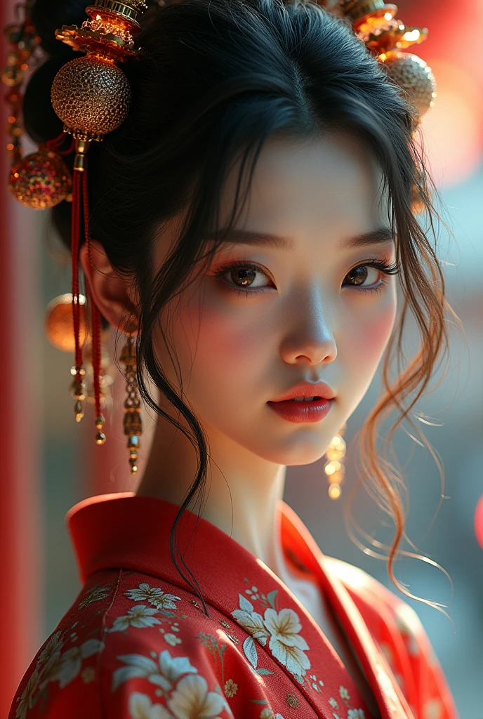 (best quality,4k,8k,highres,masterpiece:1.2),ultra-detailed,(realistic,photorealistic,photo-realistic:1.37),1girl,detailed oriental background,eastern urban landscape,steampunk,miko,delicate facial features,beautiful detailed eyes,beautiful detailed lips,extremely detailed eyes and face,long eyelashes,elegant kimono,ornate headpiece,futuristic technology,intricate machinery,glowing cyberpunk elements,warm color palette,dramatic lighting,cinematic composition