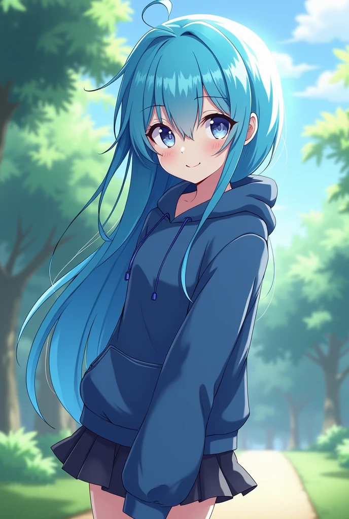 a anime slime 1girl with blue skin and slime hair, wearing a hoodie and a skirt, smile, park