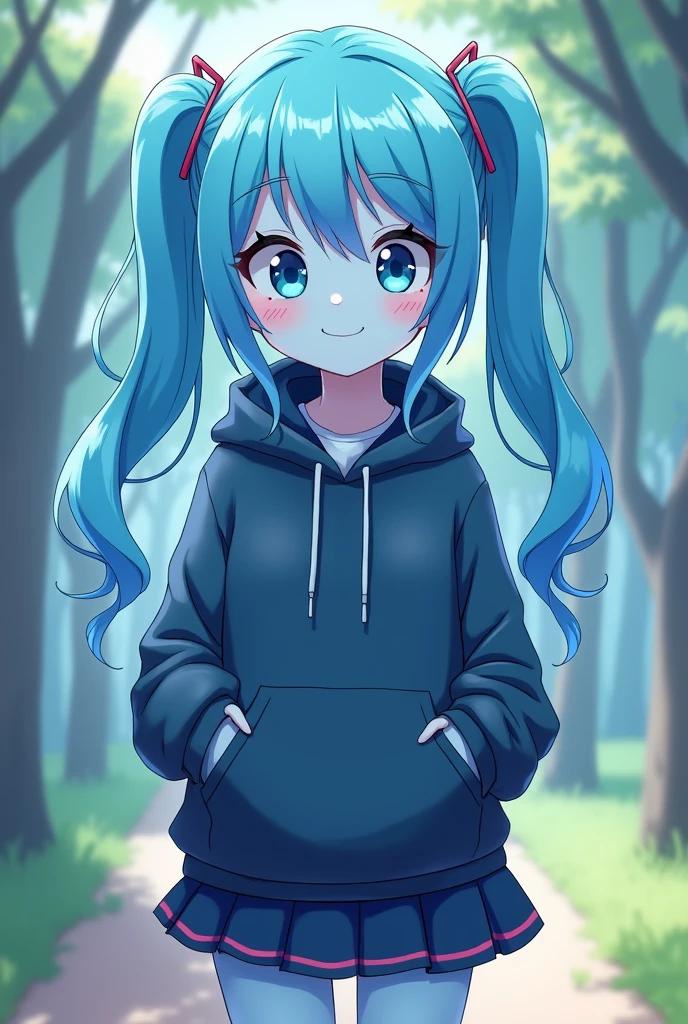 a anime slime 1girl with blue skin and slime hair, wearing a hoodie and a skirt, smile, park