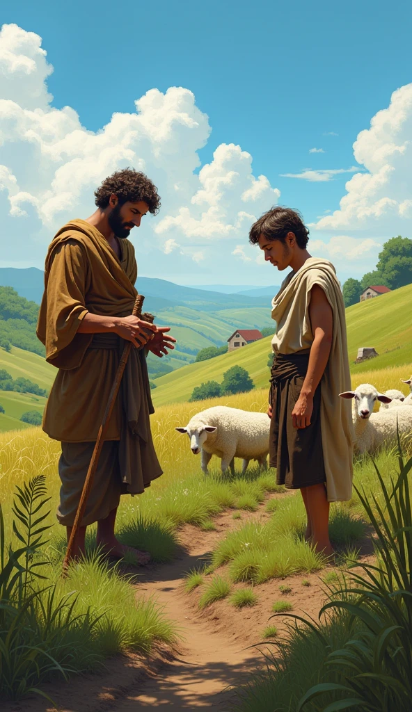 Cain and Abel in a pastoral field. Cain cultivates the land, Abel tends sheep. Bucolic environment, with increasing tension