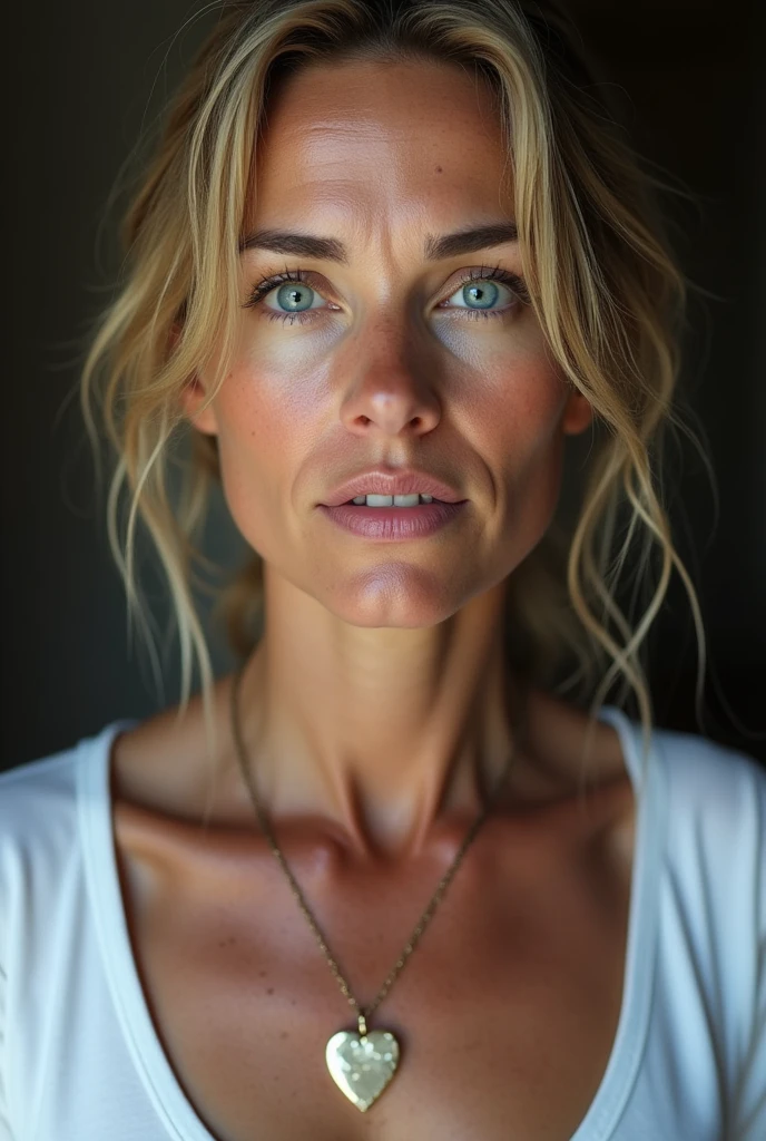 40 year old woman with wrinkles on her face, bright blue eyes:1.4, (photorealistic:1.4, extremely complex:1.3, radiation, photon mapping, dtx, 8 K), ((((heart necklace close up, White T-shirt, wet, [medium breast:Big breasts:0.8])), wet, [Skin detail:freckles:0.7], natural), Bock effect, blurred background, Focus on face
