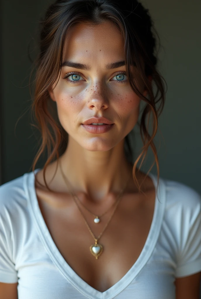 40 year old woman with wrinkles on her face, bright blue eyes:1.4, (photorealistic:1.4, extremely complex:1.3, radiation, photon mapping, dtx, 8 K), ((((heart necklace close up, White T-shirt, wet, [medium breast:Big breasts:0.8])), wet, [Skin detail:freckles:0.7], natural), Bock effect, blurred background, Focus on face